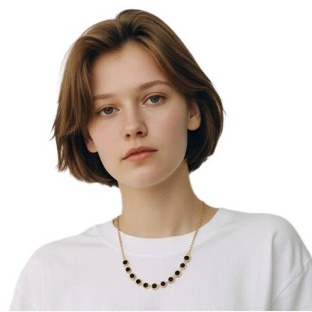 Necklace Black Faceted Beads in Gold Tone Setting